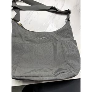 Baggallini Nylon Hobo Bag - Attaches to Suitcase with zipper Gray Cheetah Print